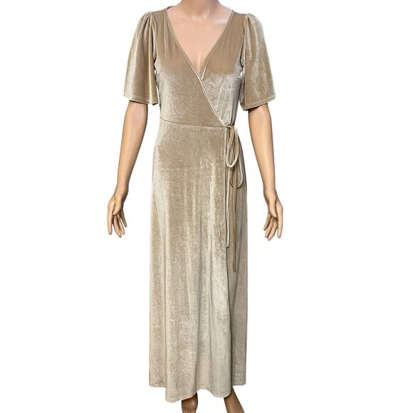 Baltic Born Megan Velvet Wrap Dress Small Maxi Champagne Flutter Sleeve Formal - Picture 1 of 8